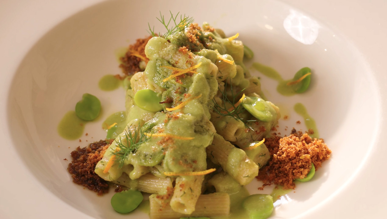 Durum wheat “Senatore Cappelli” maccheroni with fava beans, cooked with herbs